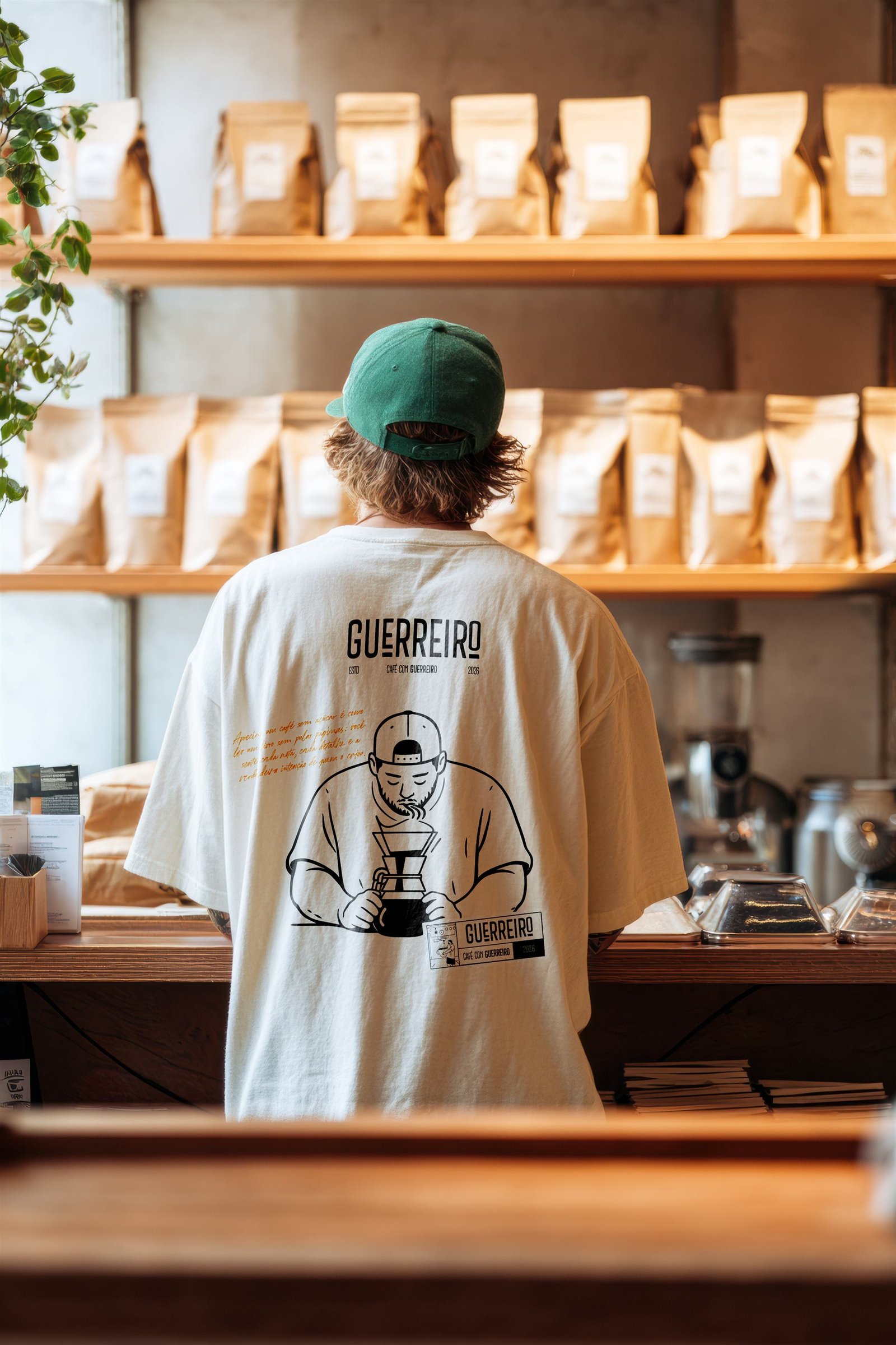 Barista de costas em frente à estante de grãos Guerreiro